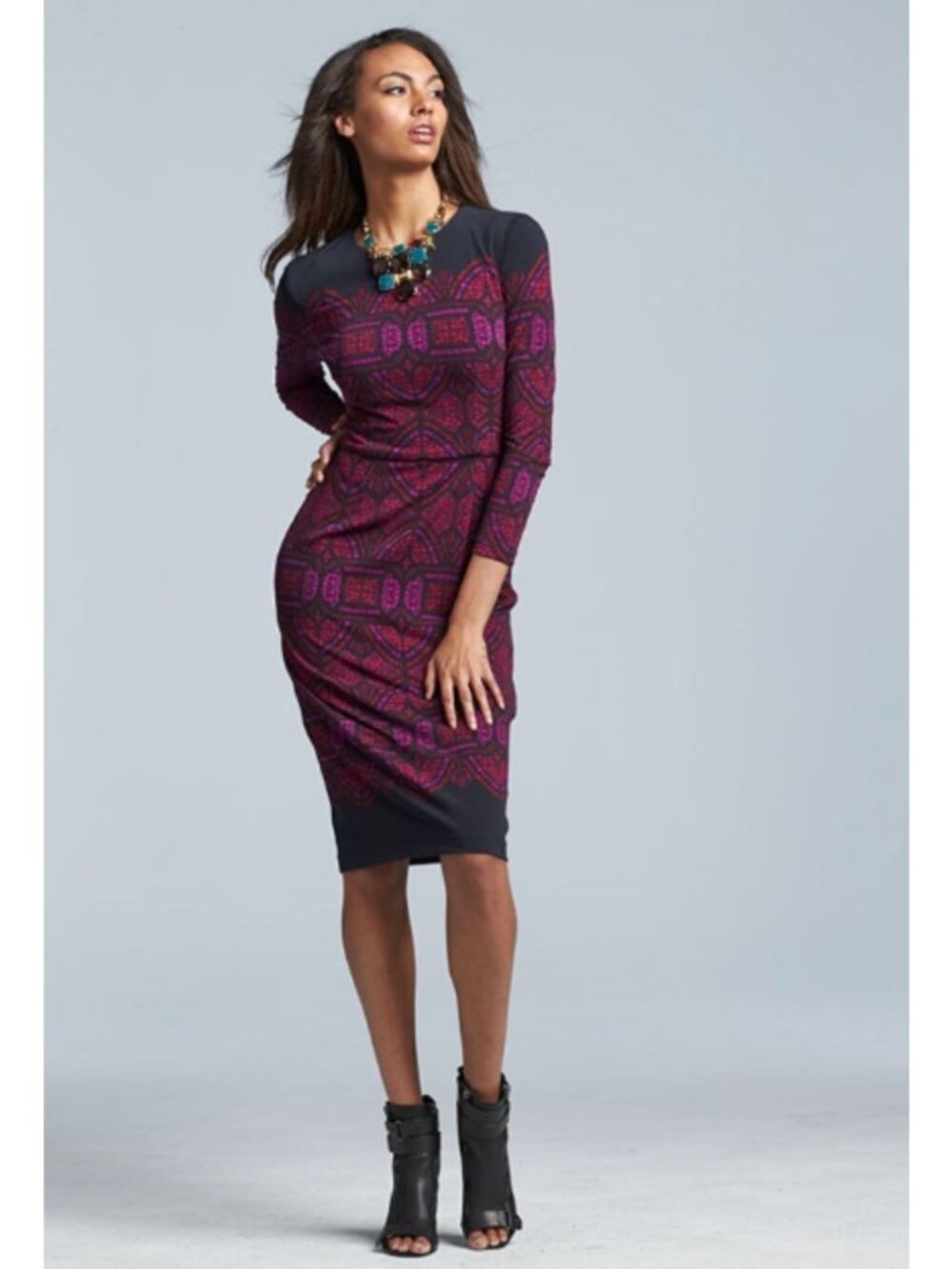 Maggy London Purple Black Long Sleeve Midi Sheath Dress Size 10 Stretch Office